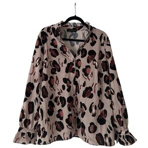 Eloquii Women’s 18 Leopard Printed Button Down Shirt with Ruffle Neck